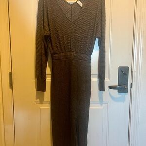 Knit Ribbed V Neck Dress with Dolman Sleeves and Front Slit